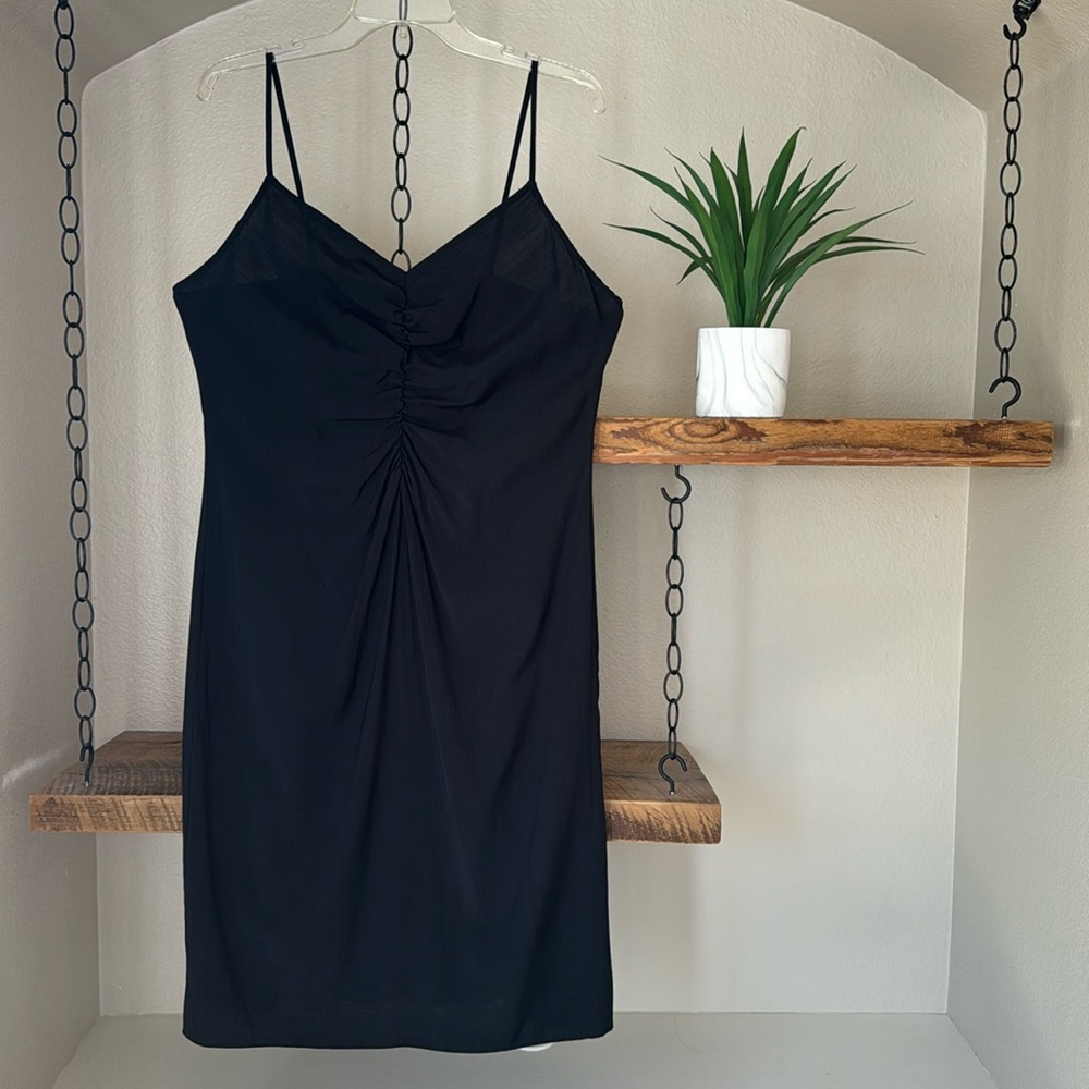 Nine West spaghetti strap knee length black dress with front ruching, size L